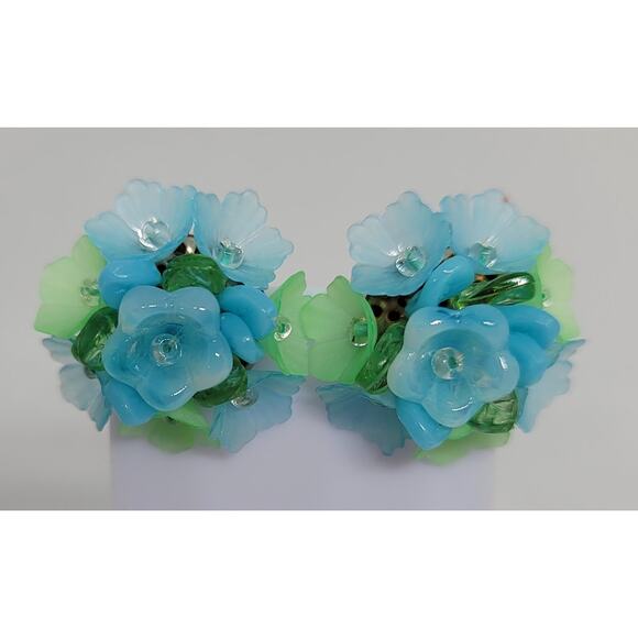 Vintage Mid Century Cluster Glass Clip On Flower Earrings Signed West Germany - Picture 2 of 8
